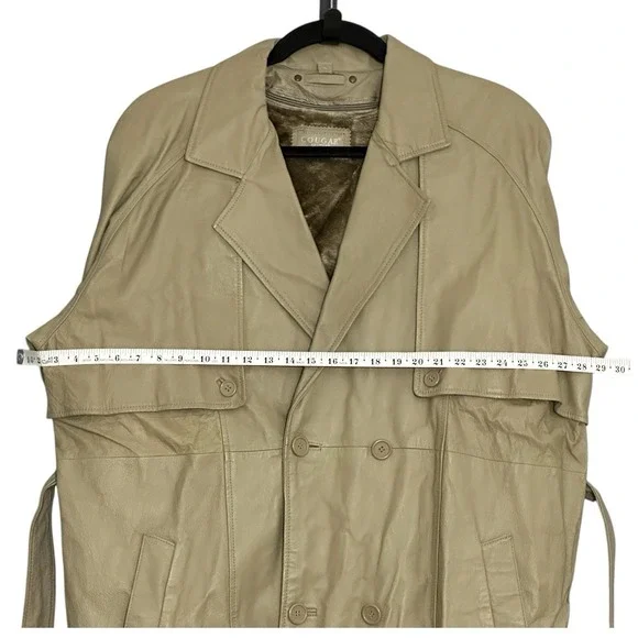 VTG COUGAR Mens‎ Coat XL Beige 100% Leather Belted Trench Zip Out Lining Classic